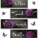 4 Pieces Purple Bathroom Wall Decor Rose Wall Decor Wooden Bathroom Accessories with Relax Soak Unwind Breathe Art For Girl Women Bedroom Living Room Home (Purple 12 X 4 Inch)