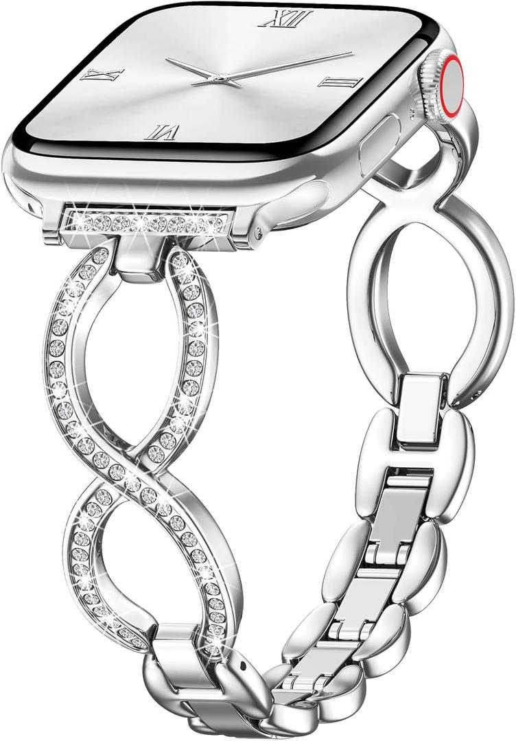 Filoto Bling Band Compatible with Apple Watch 38mm 40mm 41mm 42mm 44mm 45mm 46mm 49mm for Women, Thin Metal Strap Dressy Slim Jewelry Bracelet for iWatch Band Series 11 10 9 8 7 6 5 4 SE 3 2 1 Ultra (Silver)
