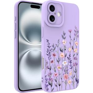 Fsoole Designed for iPhone 16 Case, Cute Flower Floral Pattern Design, Slim Soft TPU Liquid Silicone Protective Cover for Women Girls - Purple