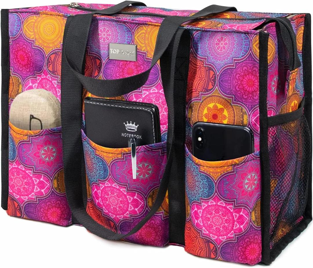 TOPDesign Utility Water Resistant Tote Bag with 13 Pockets, Top Zipper Closure & Thick Bottom Support, for Working Women (Large)