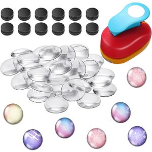 Colzzy 41 Pieces DIY Magnets for Fridge Clear Glass Round Magnets Kit for Crafts Include 1 Inch Paper Punches for Decorative Craft DIY Refrigerator Office Whiteboard Making