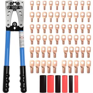 Sanuke Battery Cable Lug Crimping Tool for AWG10-1/0, Wire Crimper with 60pcs Copper Lug Ring Terminal Connectors, 60pcs Heat Shrink Tubing, Electrical Wire Crimping Tool