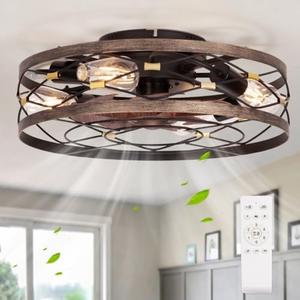 SHLUCE Small Fandelier Caged Ceiling Fan with Light, Farmhouse Low Profile Flush Mount Ceiling Fans with Lights and Remote, Rustic Bladeless Ceiling Fan with Light for Kitchen, Bedroom, Living Room