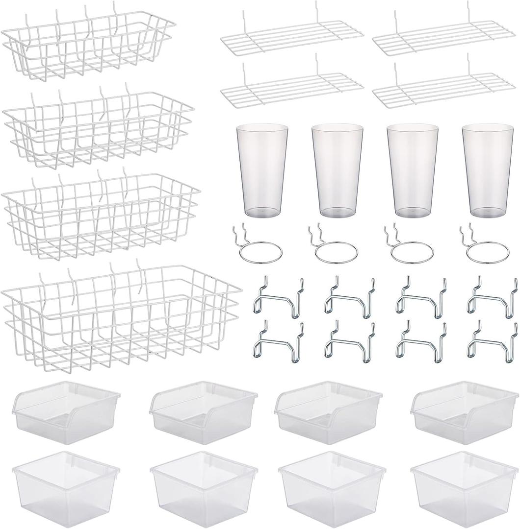 32 Pieces Pegboard Organizer Set Peg Board Rack with Hooks,Loops Wire Shelves Garage Storage, Craft Workshop, Workbench Assortment Organizer Tools(White)