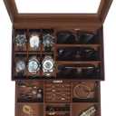 Kukikan Watch Jewelry Box Organizer, 6-Slot 2-Layer Watch Case and Sunglasses Storage with Large Glass Lid, Men's Jewelry Box with Lock, Watch Holder Display Case, Gift for Men Women