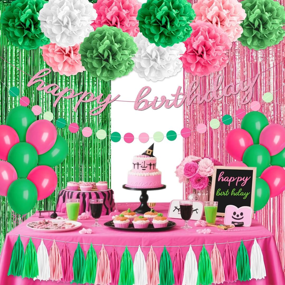 Witch Birthday Party Decorations, Pink and Green Witch Theme, Happy Birthday Party Supplies Set Includes Balloons, Paper Pom Poms, Fringe Curtain, Birthday and Dot Banner for Boys and Girls Decor