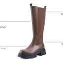 Women’s Knee High Platform Boots, Lug Sole Pull-On Riding Boots with Elastic Panel, Chunky Heel Round Toe Tall Boots for Fall Winter Dress Casual Size 8, Brown