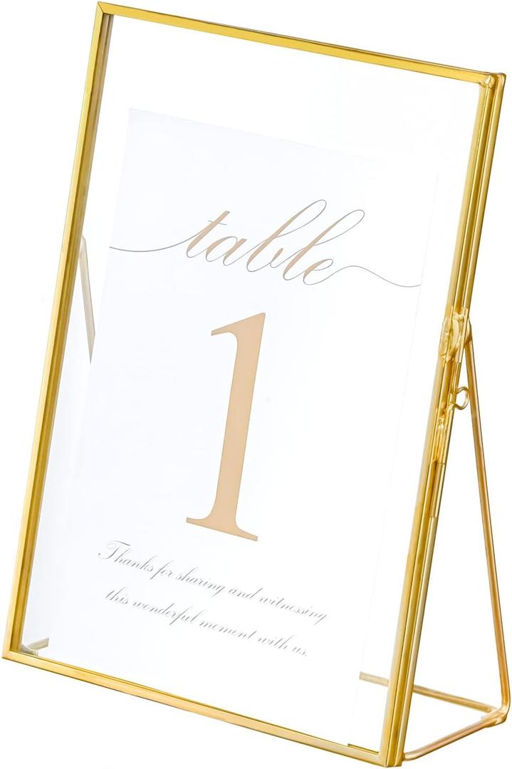 NCYP Small 5x7 Inches Place Card Holder, Glass Table Signs for Wedding, Rectangle Gold Display Brass Frame for Pressed Dried Flowers, Photo, Centerpiece (Glass Frame Only)