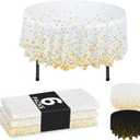 NORZEE 6-Pack White Disposable Plastic Tablecloths, 84" Plastic Table Cloth, Round Table Cover Gold CONFETY (6, White Gold)
