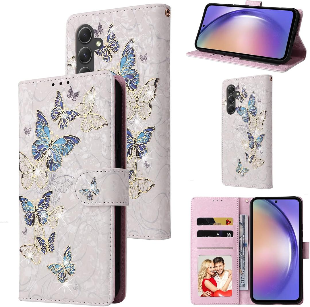 UEEBAI Wallet Case for Samsung Galaxy A36 5G, PU Leather Phone Cover Kickstand RFID Blocking Flip Case Card Slots Wrist Strap Relief Engraved Pattern Magnetic Closure Folio Cover - Blue Butterfly