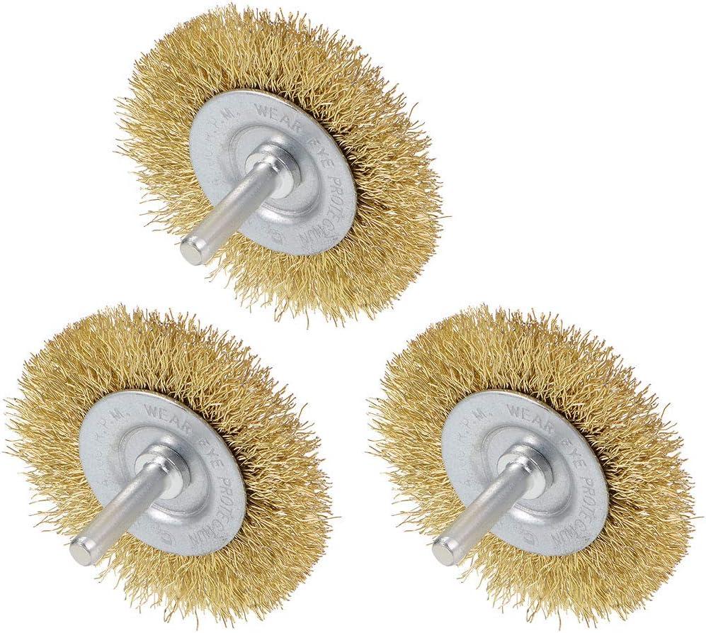uxcell 2-1/2 Inch Wire Wheel Brush Bench Brass Plated Crimped Steel 1/4-Inch Shank 3 Pcs