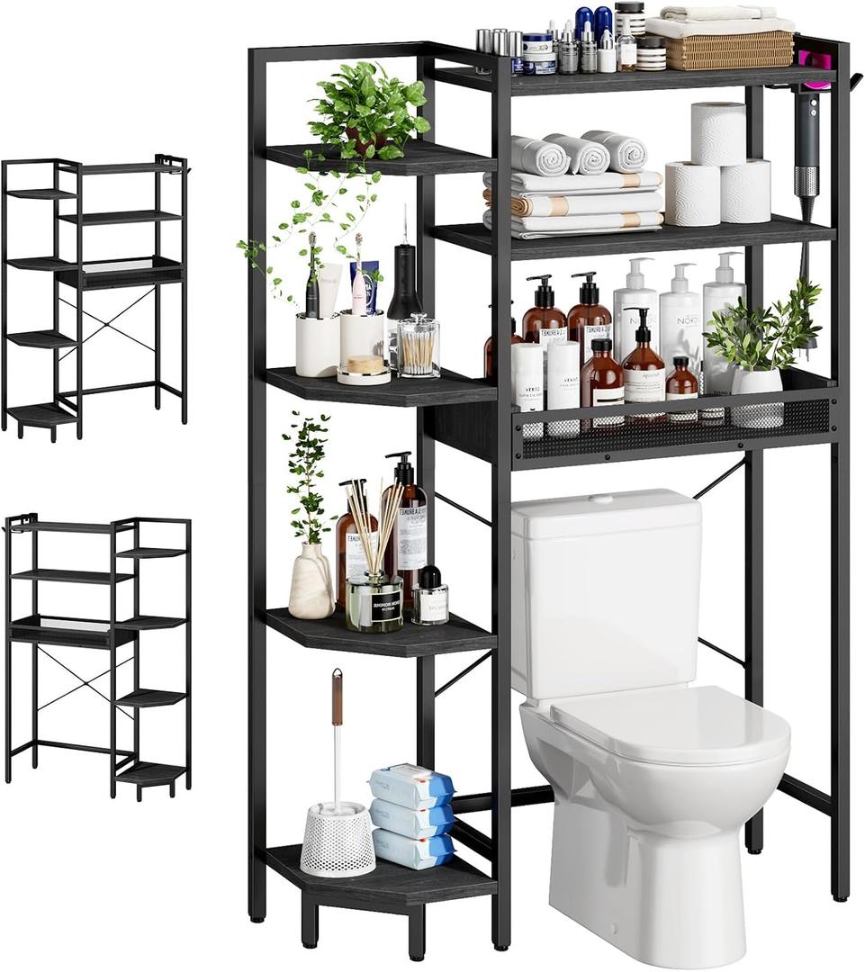 K1 Heavy Duty 7-Tier Over The Toilet Storagewith Basket and Paper Hook Freestanding Above Toilet Shelf with Adjustable FeetSpace Saver Bathroom Shelves 9.3" D x 33.5" W x 63.8" HBlack