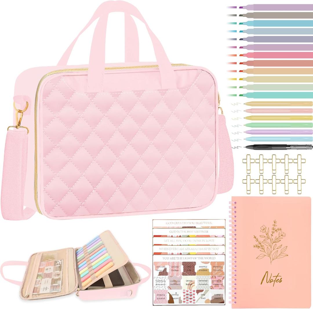 PUGPIU Bible Cover Case for Women, Large Quilted Bible Bag with Shoulder Strap and Handle, Bible Study Supplies Journaling Kit with Highlighters Pens No Bleed Tabs Notebook Cross Clips (Pink)