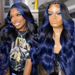 Dark Blue Skunk Stripe Body Wavy Lace Front Wigs Human Hair 1B/Blue Ombre 13x4 HD Lace Frontal Wigs Royal Blue Colored Wigs Highlight Transparent Lace Wig Glueless Pre Plucked 150% Density 18 Inch