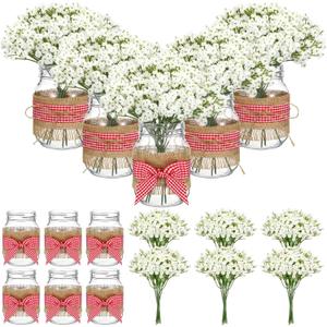 Daifunli 6 Set Picnic Party Centerpieces for Table Mason Jar Table Decor with Artificial Flowers Red Gingham Ribbon for Picnic Birthday Party BBQ Baby Shower Wedding(6,Classic Baby's Breath)