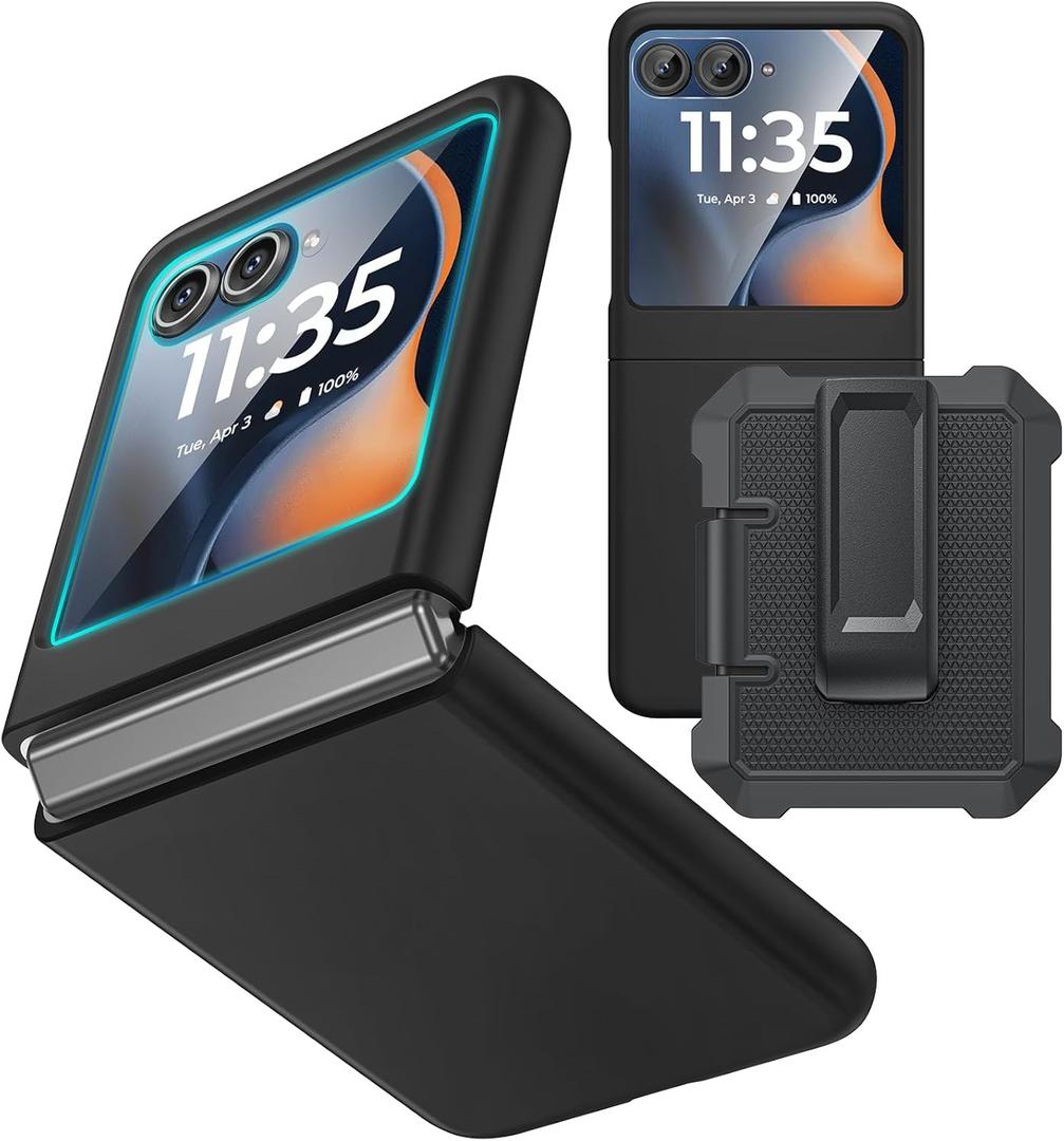 Ruky for Motorola Razr 2025/2024 Case with Belt Clip [Not fit Ultra or Plus], Slim Moto Razr 2025 Case with Built-in Screen Protector, Support Wireless Charging Phone Case for Moto Razr 2025, Black
