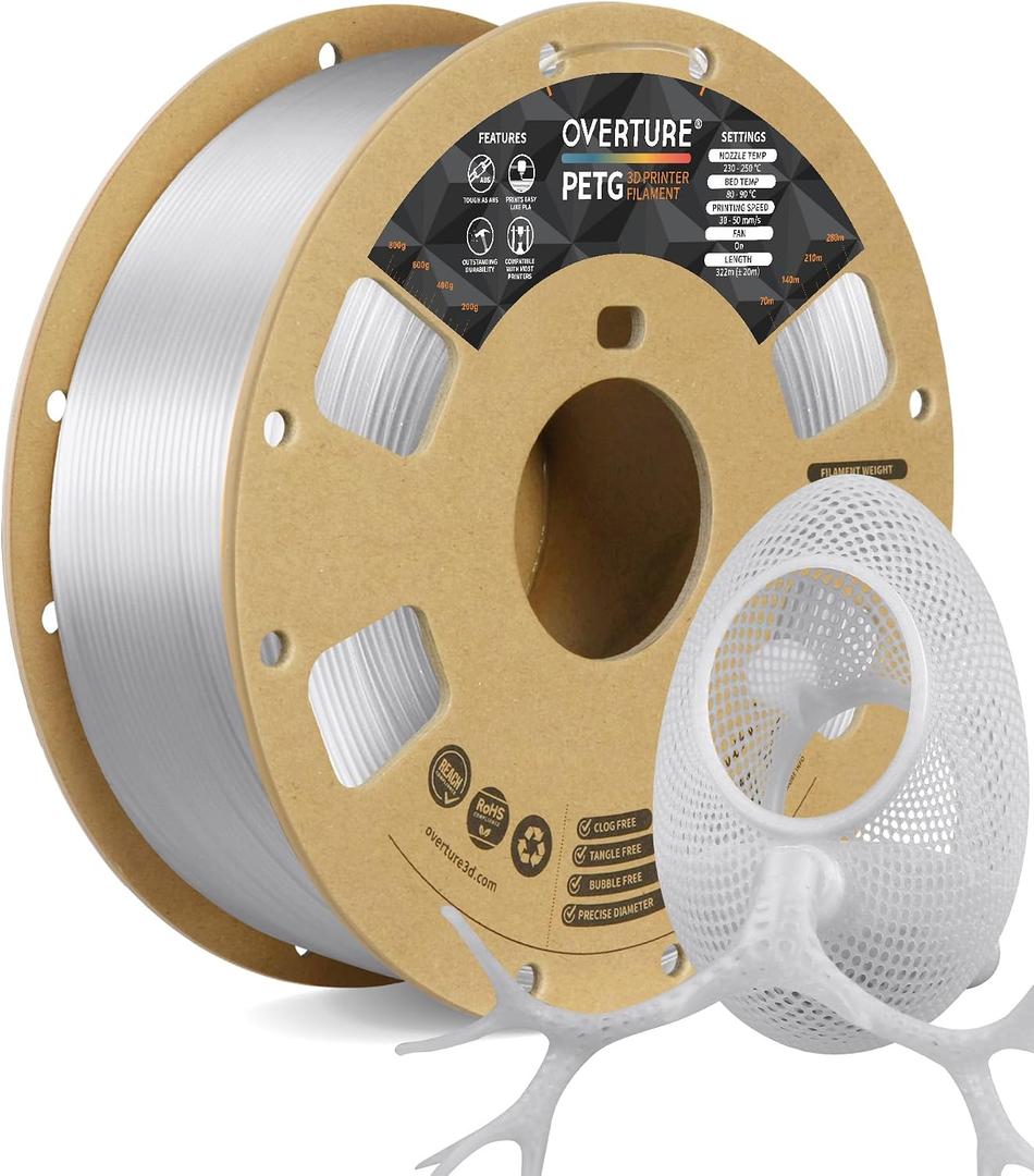 OVERTURE 3D Filament Clear PETG Filament 1.75mm, Neatly Wound Durable PETG 1kg Spool (2.2lbs), Strong Toughness Filament, Dimensional Accuracy +/- 0.02mm, Fit Most FDM Printers (Transparent)