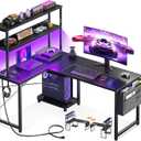 AODK L Shaped Desk Gaming Desk with LED Light & Power Outlet, 43 Inch Reversible L Shaped Computer Table with Shelf, Corner Desk with Storage Bag&Hook for Home Office Desk, Black