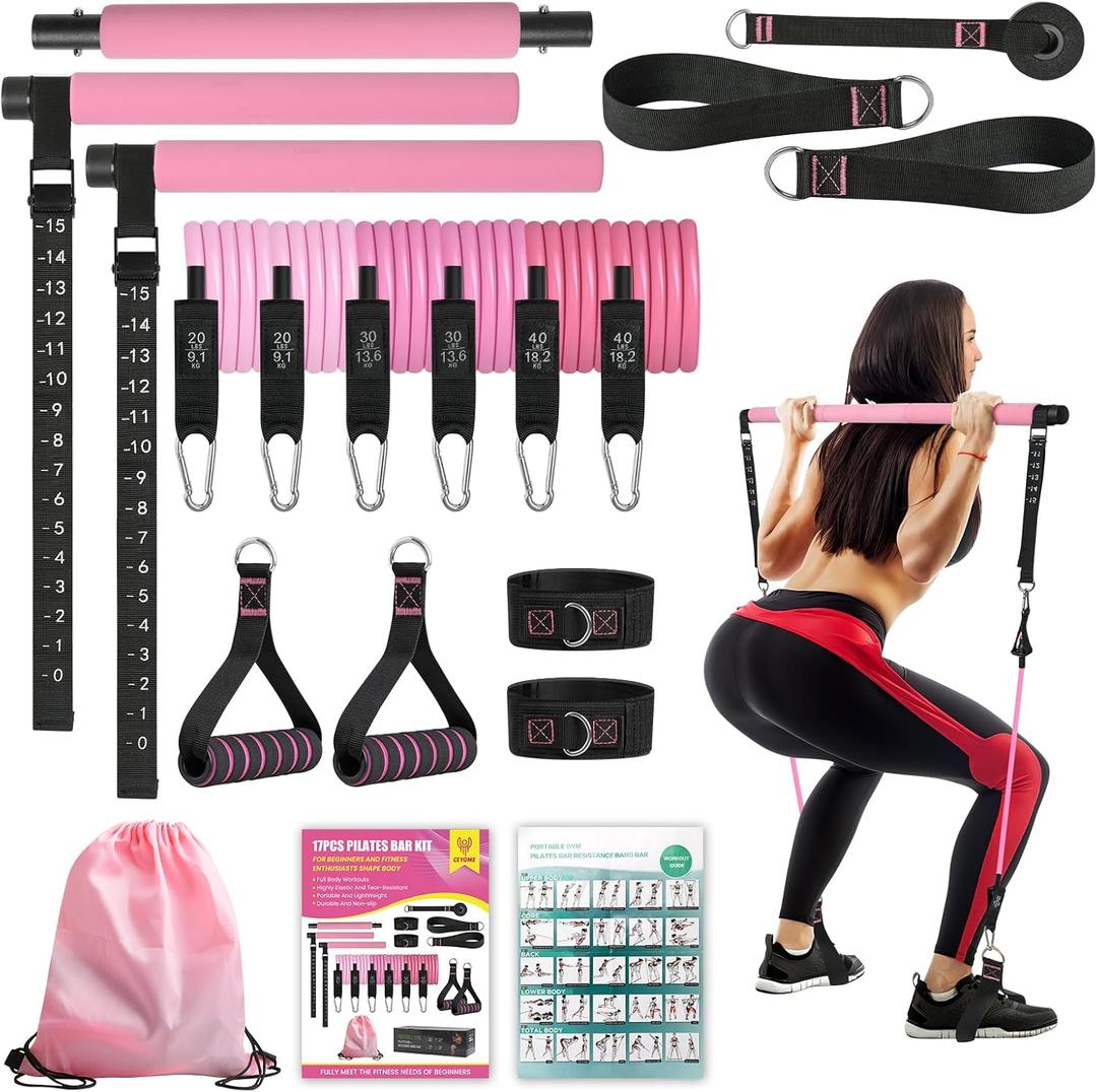 Pilates Bar Kit with Resistance Bands for Women, Pilates Bar with Adjustment Buckle, Multifunctional Home Gym for Hip, Legs, Arm and Waist, Pilates Home Equipment for Full Body Workouts