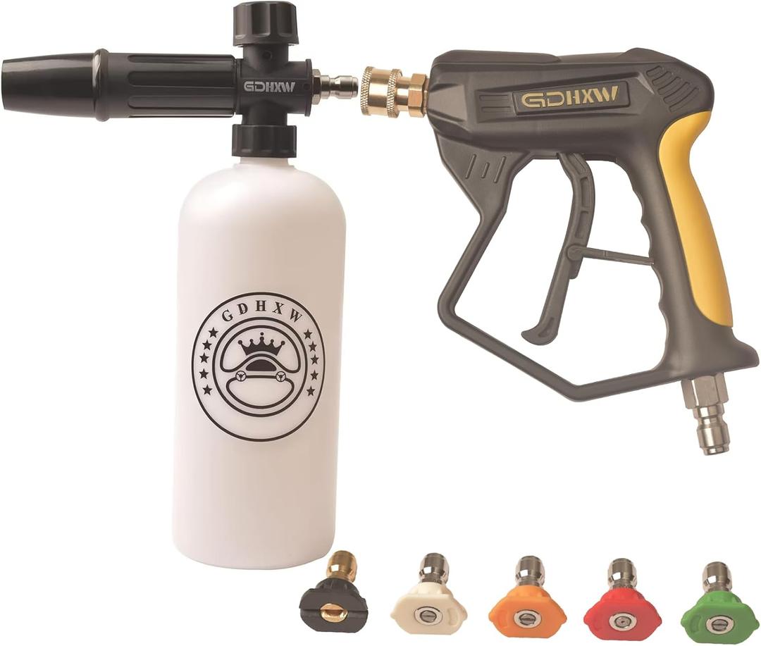 GDHXW Short Pressure Washer Gun with Quick Connection 5000PSI, Light Duty Foam Cannon Thick Foam Blaster, 5 Nozzle Tips,For Pressure Washer