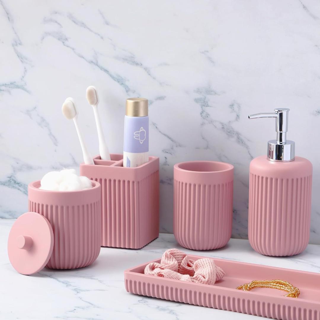 Resin Pink Bathroom Accessories Set 5 Pcs, Lotion Soap Dispenser, Toothbrush Holder, Bathroom Tumbler, Qtip Holder and Vanity Tray, Bathroom Countertop Organizer Set for Modern Home Apartment
