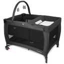 3 in 1 Pack and Play, Baby Bassinet, Changing Tabler - Portable Baby Playpen for Babies and Toddlers, Foldable Playard with Locking Wheels & Storage Diaper Basket(Black)