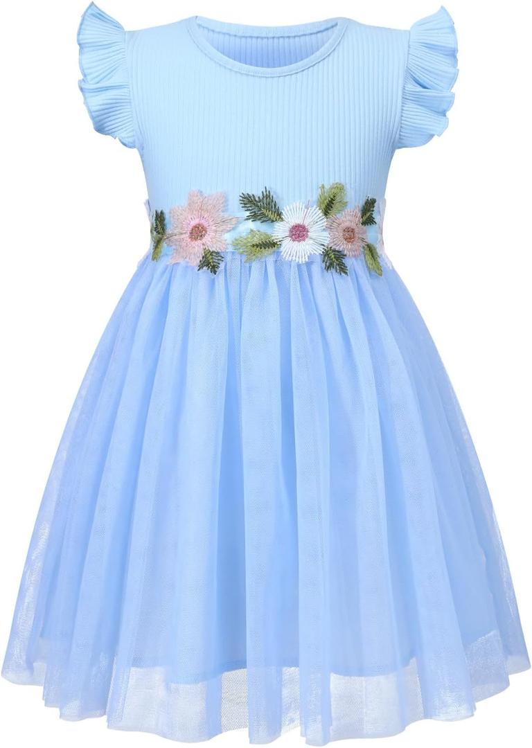 HILEELANG Little Flower Girl Tulle Tutu Dress Easter Cotton Ribbed Birthday Wedding Party Princess Dresses (3T, 251221#skyblue)