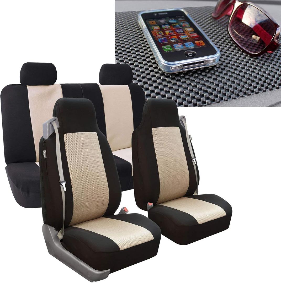 FH Group Car Seat Covers All-Purpose Built-in Seatbelt Classic Cloth Seat Covers Full Set with Gift - Universal Fit for Cars, Trucks & SUVs (Beige) FB302114 (Full Set-3D Air Mesh)