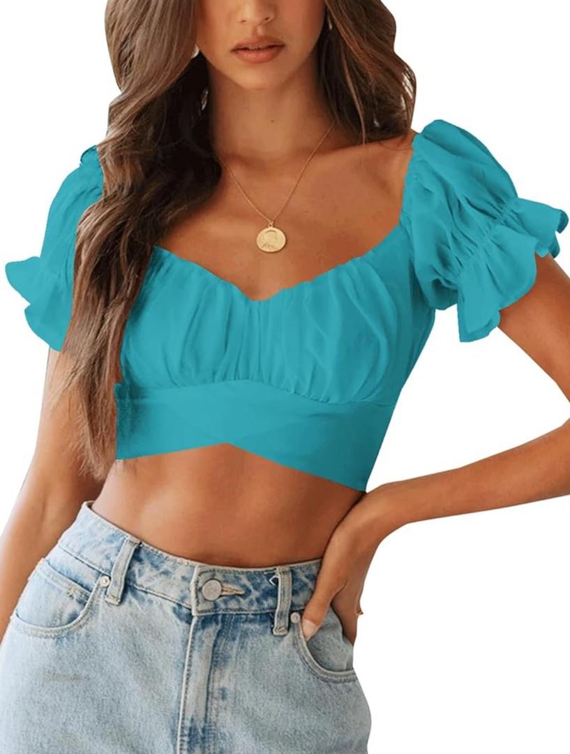 LYANER Women's Ruffle Short Sleeve Tie Up Back Crop Top Off Shoulder Bardot Blouse, Size XS