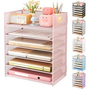 Subekyu 6 Tier Office File Paper Desk Tray Organizer with Handle, Stackable Slide Mesh Letter Tray Folder Pink Desk Organizer, Desktop Document Sorter for Classroom, Office, Home Supplies Storage