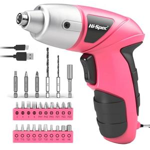 Hi-Spec Small Electric Screwdriver, Mini Drill Set, Rechargeable 3.6V Cordless Screwdriver with 26 Driver Bits, Power Tool for Small Projects & Home Use, Pink
