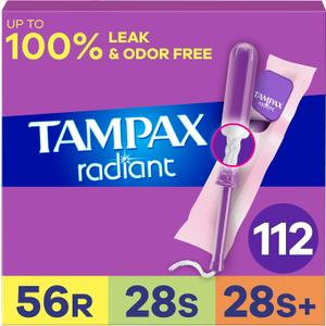 Tampax Radiant Tampons for Women Multipack, with LeakGuard Braid, Regular/Super/Super Plus Absorbency, Unscented, 112 Count (4 Packs of 28) Tampax Radiant Tampons for Women Multipack, with LeakGuard Braid, Regular/Super/Super Plus Absorbency, Unscented, 112 Count (4 Packs of 28)