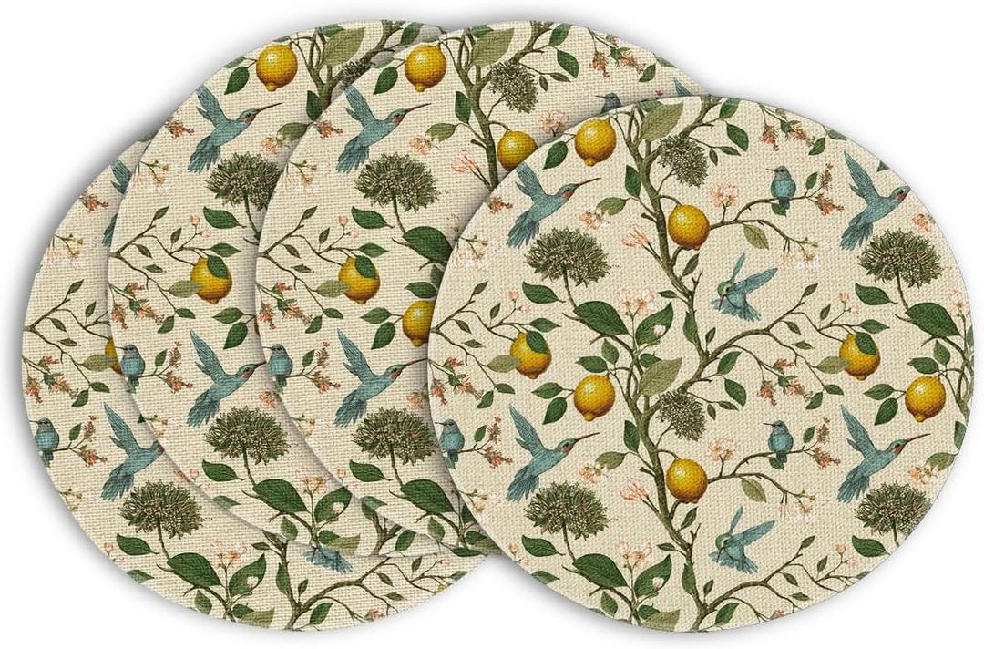 Artoid Mode Brown Lemon Tree Bird Flower Round Summer Placemats Set of 4, 14 Inch Spring Farmhouse Round Table Mats for Dining Decoration (Multicolor)