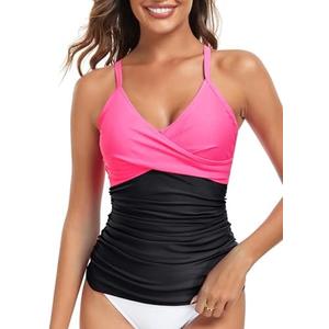 RELELCIGA Women’s Tankini Top V Neck Ruched Tummy Control Bathing Suit Top L