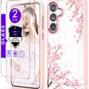for Samsung Galaxy S25 FE 5G Case+Tempered Glass Screen Protector,Military Grade Protective Slim Soft TPU Hard PC,Girls Women Crystal Clear Flower Pattern Case Cover for Galaxy S25 FE-Pink