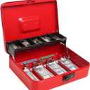 Cash Box with Money Tray and Combination Lock, Parrency Large Money Box, 5 Compartments for Cions & 4 Spring-Loaded Clips for Bills, 11 4/5" x 9 2/5" x 3 1/2", Red