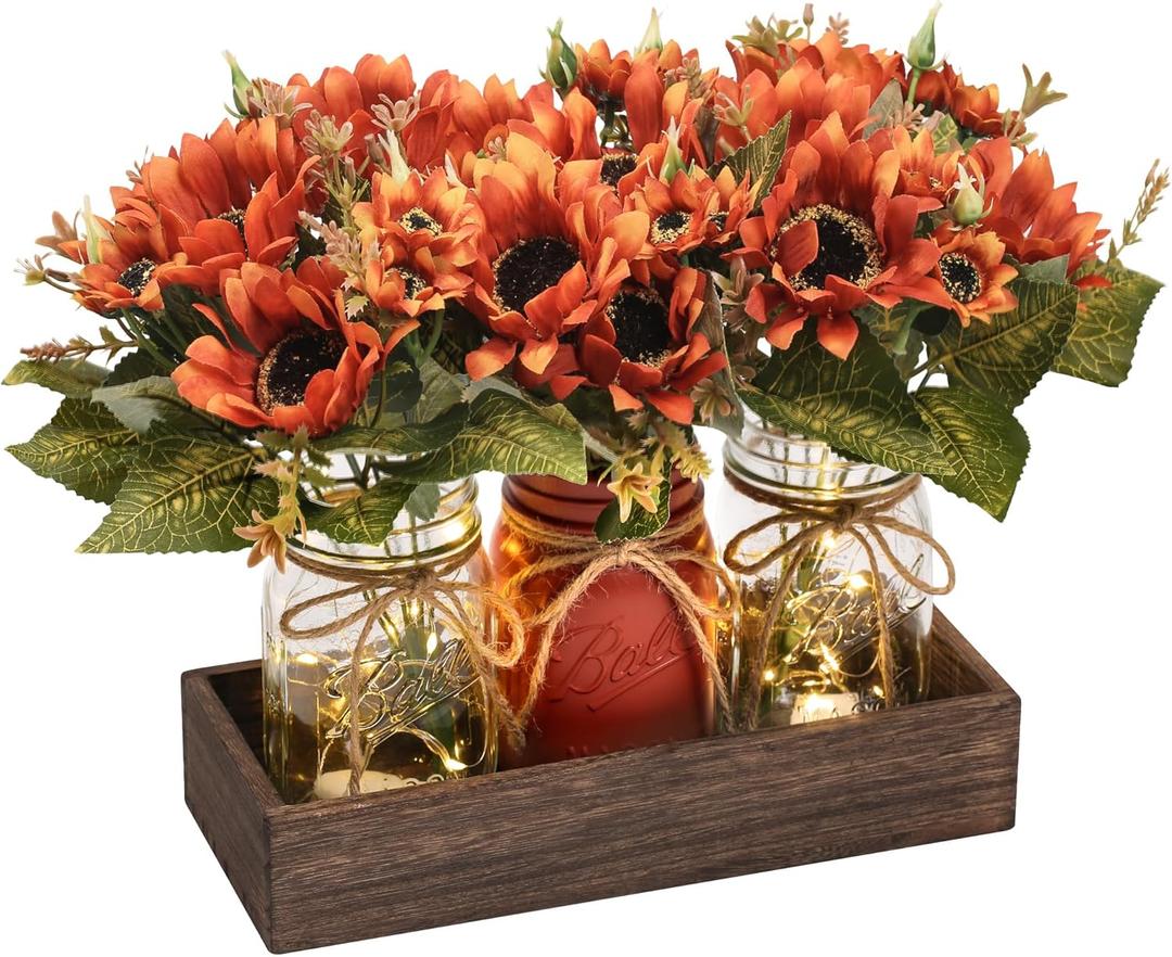 3 Pcs Fall Mason Jar Centerpiece Table Decorations for Dining Table Decor Farmhouse Coffee Table Decor with Wood Tray and Led Light Table Centerpieces for Dining Room Kitchen Living,Orange
