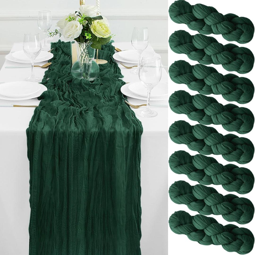 8Pack Emerald Green Table Runner 10FT Cheesecloth Table Runner 35x120Inch Long Boho Cheese Cloth Table Runners Rustic Gauze Table Runners for Party Wedding Bridal Shower Baby Shower Decorations