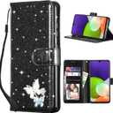 UEEBAI Wallet Case for Samsung Galaxy A16 4G/5G, Glitter PU Leather Phone Cover Card Slots Kickstand Wallet Magnetic Closure Bling Flip Case Shockproof Hand Strap Flip Cover - Black