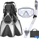 Mask Fins Snorkeling Gear for Adults Men Women, Panoramic View Diving Mask, Anti-Fog Dry Top Snorkel, Adjustable Freediving Swimming Fins/Flippers, Travel Bags for Lap Swimming (ML/XL(9-13))