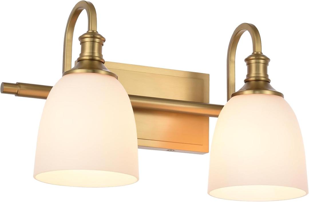 Vintage Bathroom Vanity Light Fixtures, Aged Brass 2 Lights Wall Sconce Lighting with Opal Glass Shade, Porch Wall Mount Light Fixture for Bathroom, Mirror Cabinets Hallway Stairs