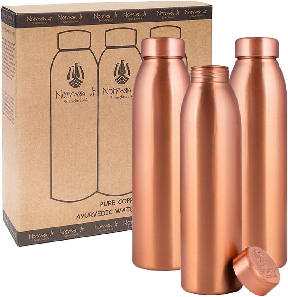 Norman Jr, Copper Water Bottle 1L - Gift Box Of 3, Plain, An Ayurvedic Vessel Made Of Pure Copper - Helps You Drink More Water With Many Health Benefits