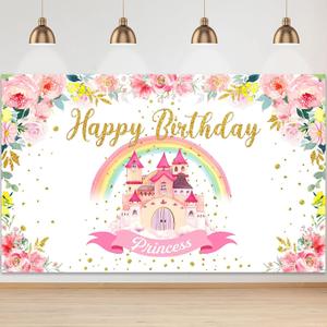 Tegeme Princess Birthday Party Backdrop Pink Royal Castle Photography Background Rainbow and Flower Background Banner for Girl Baby Birthday Decoration, 6 x 3.6 ft