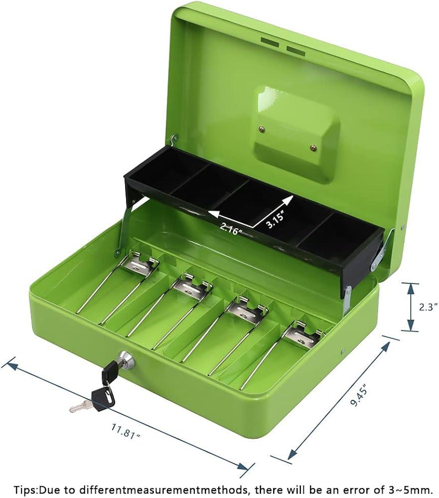 xydled Cash Box with Money Tray and Key Lock,Tiered, Cantilever Design,4 Bill / 5 Coin Slots,11.8" x 9.5" x 3.5", Green
