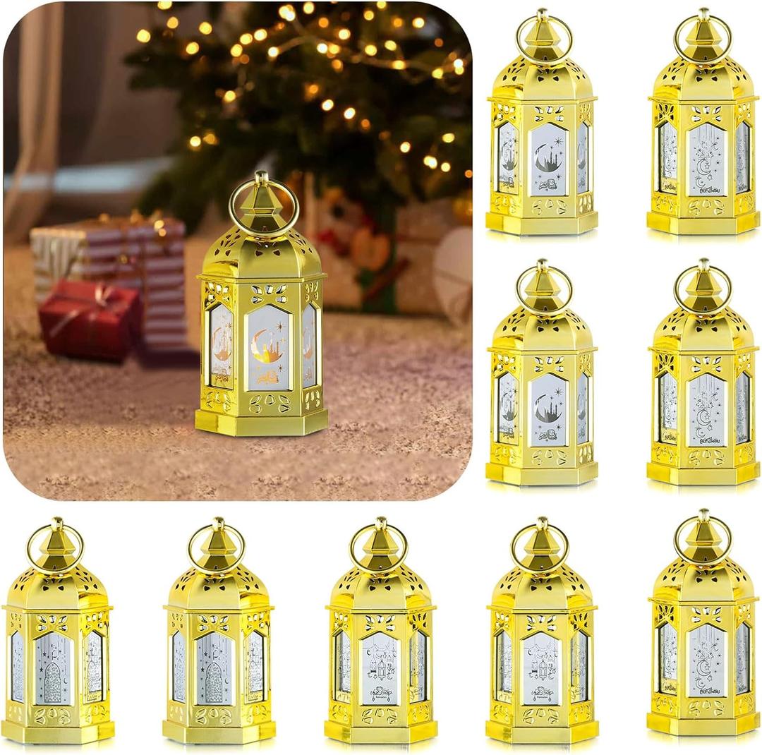 10 Pcs Gold Mini Lanterns Decorative with LED Candle - Small Lanterns Wedding Table Decorations for Centerpieces Home Decor, 6" Hanging Candle Lanterns, Batteries Included