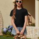 ZDC Girls Short Sleeve Lace Hem T Shirts Crewneck Casual Blouse Kids Summer Tops Tees 5-14 Years Black (Black)