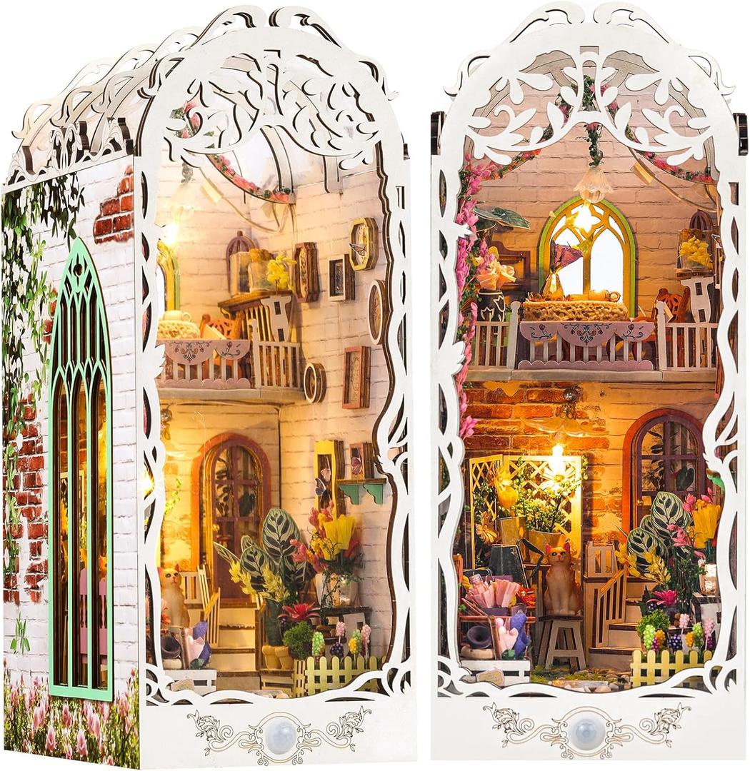 DIY Book Nook Kit - Bookend Diorama with LED - 3D Wooden Puzzle DIY Miniature House Kits - Bookshelf Insert Decor - Booknook Dollhouse Crafts Hobbies Gifts for Adults (Garden House)