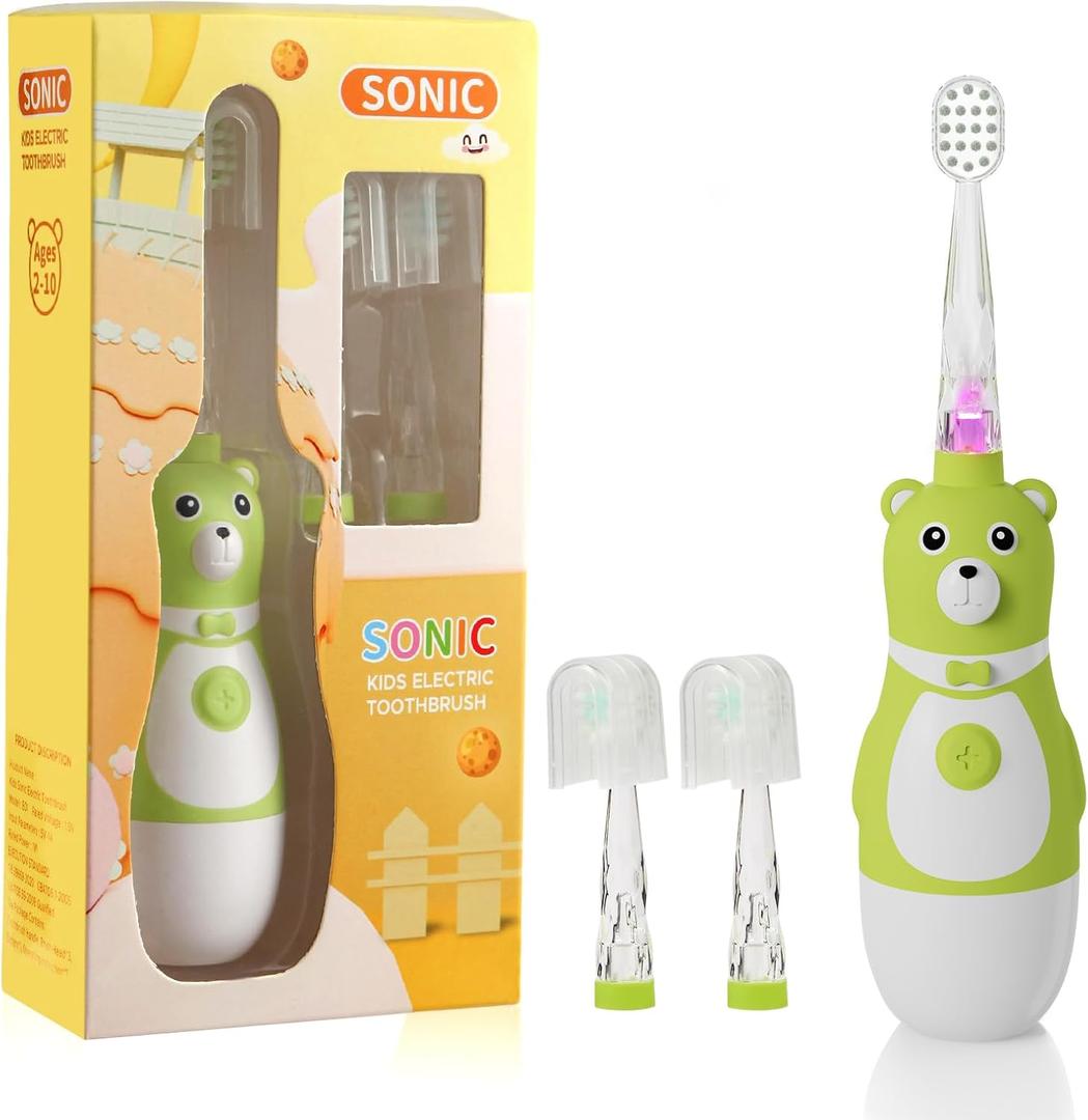 Kids Electric Toothbrush, Battery Operated Fun Bear Design Sonic Toothbrush for Toddler Ages 2-10, 2 Mins Timer, Soft Bristles, 2 Replacement Heads, 3 Brushing Modes for Teeth Cleaning