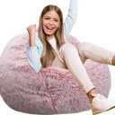 Fluffy Bean Bag Chair for Kids, 2.5FT Round Foam Filled Bean Bag for Teens & Kids, Ultra Soft Faux Fur Fabric Bean Bag Chairs for Playroom, Living Room, Bedroom,Pink
