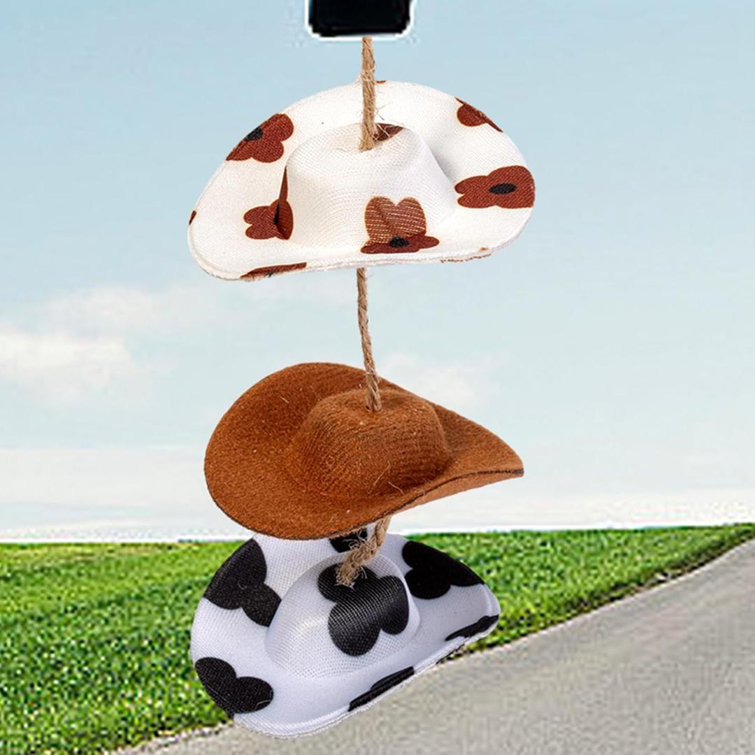 Cow Print Western Car Rear View Mirror Hanging Accessories Cute Sunflower Cowboy Hat Decor Handmade Felt Mini Hat Ornament Pendent for Women Girls